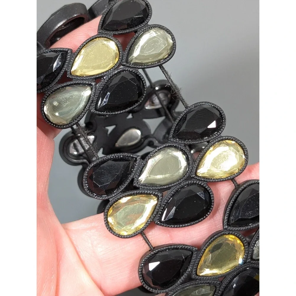 Black Yellow Teardrop Rhinestone Wide‎ Stretch Statement Bracelet